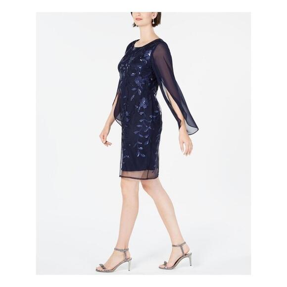 CONNECTED APPAREL Womens Navy Sequined Floral Long Sleeve Scoop Neck Dress - Picture 4 of 10